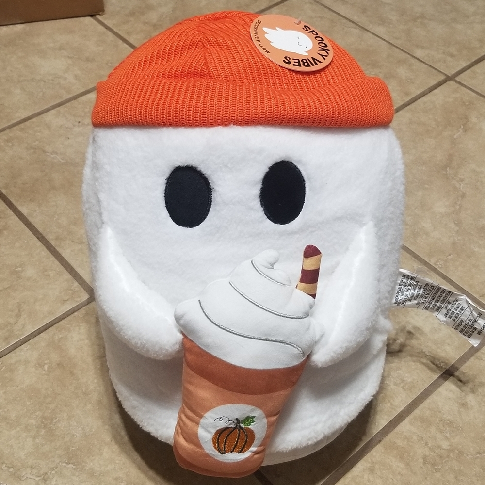Halloween Ghost Wearing Beanie Holding Pumpkin Spice Latte 15 Inch Pillow Plush